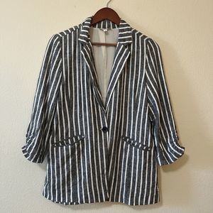BP Women's Cinched 3/4 Sleeve Linen Blend Striped Lined Blazer Jacket SZ XS